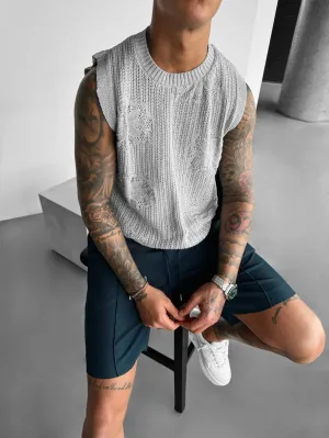 Oversize Flowers Knit Tank Top - Grey