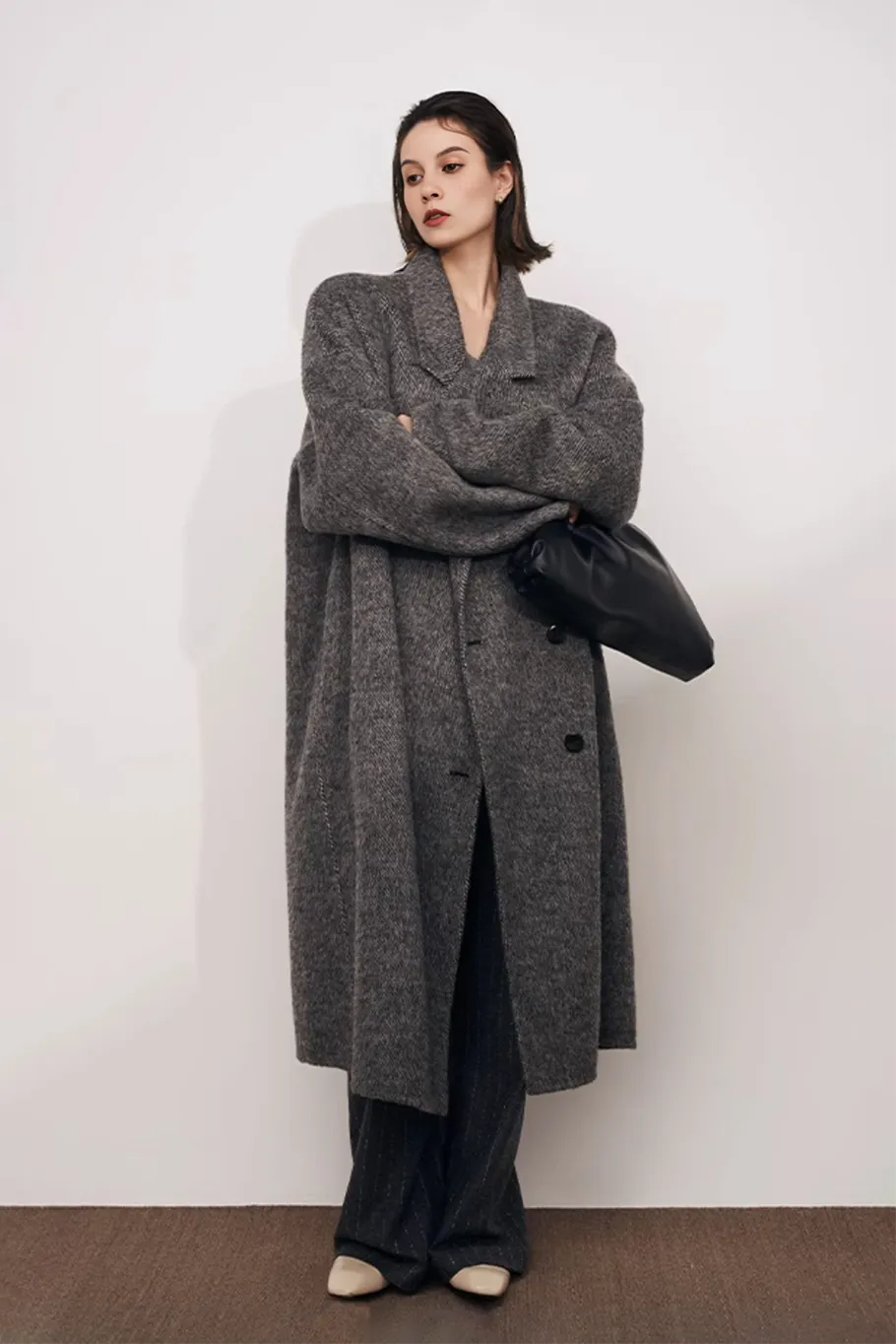 Oversized Double-breasted Long Wool Coat With Lapel Collar