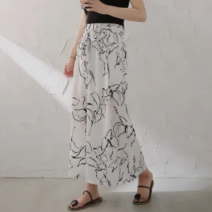 Printed Chiffon Wide Leg Pants Women Summer Korean Casual High Waist Drape Loose Ankle-Length Culottes