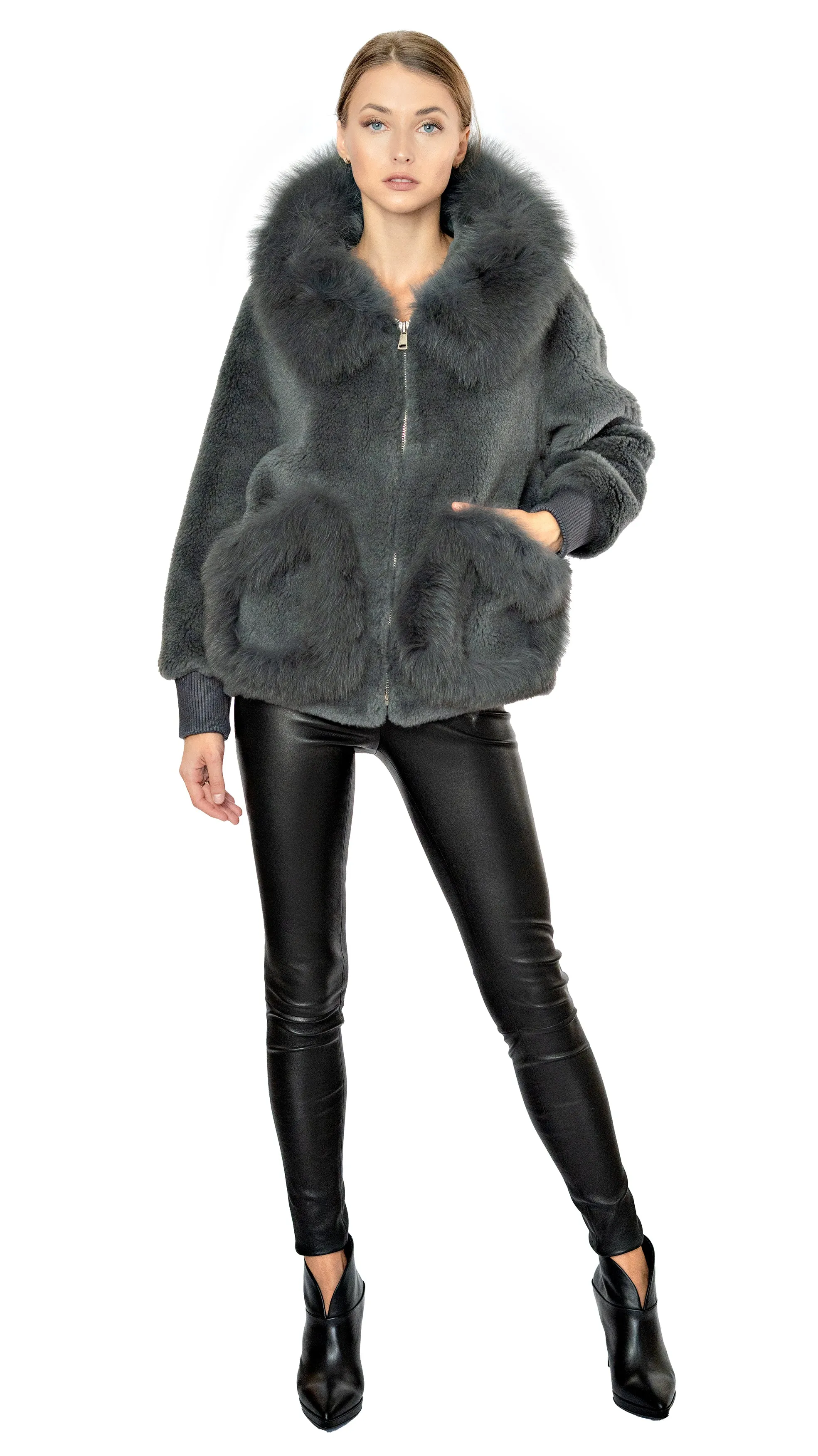 Shearling and Fox Fur Hooded Teddy Coat