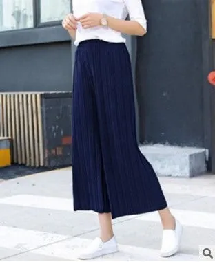 Wide Leg Pants Women Pleated Chiffon High Waist Loose Drape Plus Size Casual Ankle-Length Culottes