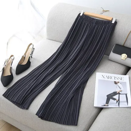 Wide Leg Pants Women Pleated Chiffon High Waist Loose Drape Plus Size Casual Ankle-Length Culottes
