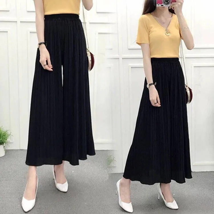 Wide Leg Pants Women Pleated Chiffon High Waist Loose Drape Plus Size Casual Ankle-Length Culottes
