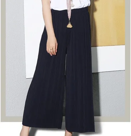 Wide Leg Pants Women Pleated Chiffon High Waist Loose Drape Plus Size Casual Ankle-Length Culottes