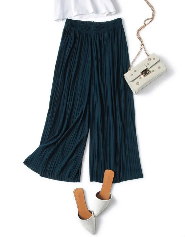 Wide Leg Pants Women Pleated Chiffon High Waist Loose Drape Plus Size Casual Ankle-Length Culottes