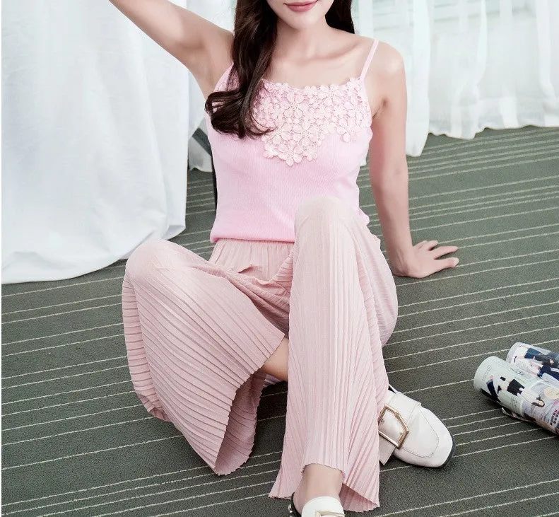 Wide Leg Pants Women Pleated Chiffon High Waist Loose Drape Plus Size Casual Ankle-Length Culottes