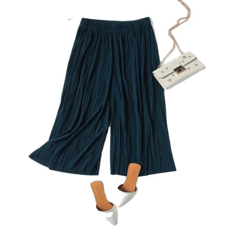 Wide Leg Pants Women Pleated Chiffon High Waist Loose Drape Plus Size Casual Ankle-Length Culottes