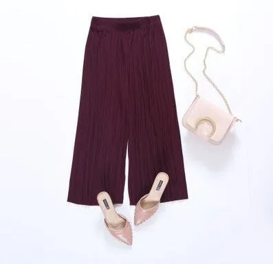 Wide Leg Pants Women Pleated Chiffon High Waist Loose Drape Plus Size Casual Ankle-Length Culottes