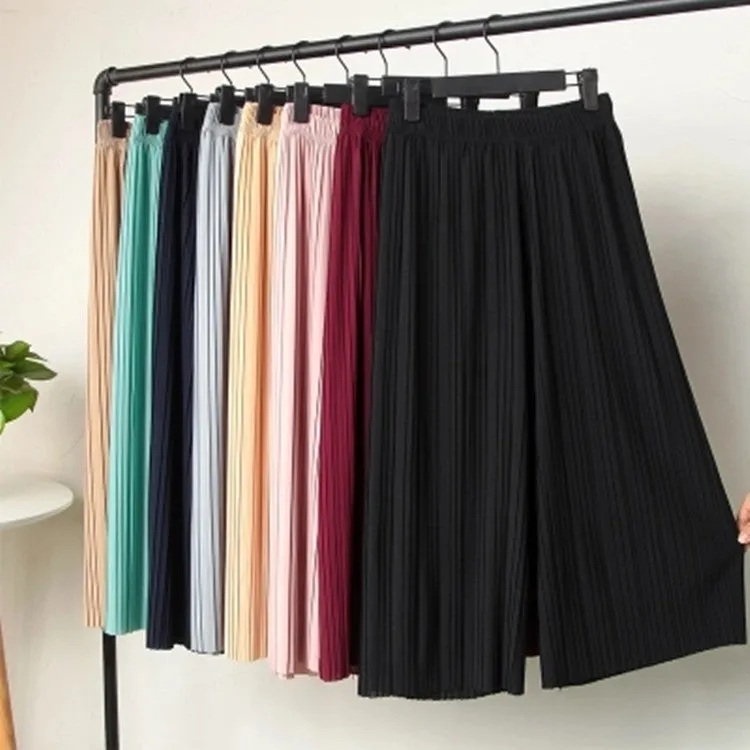 Wide Leg Pants Women Pleated Chiffon High Waist Loose Drape Plus Size Casual Ankle-Length Culottes